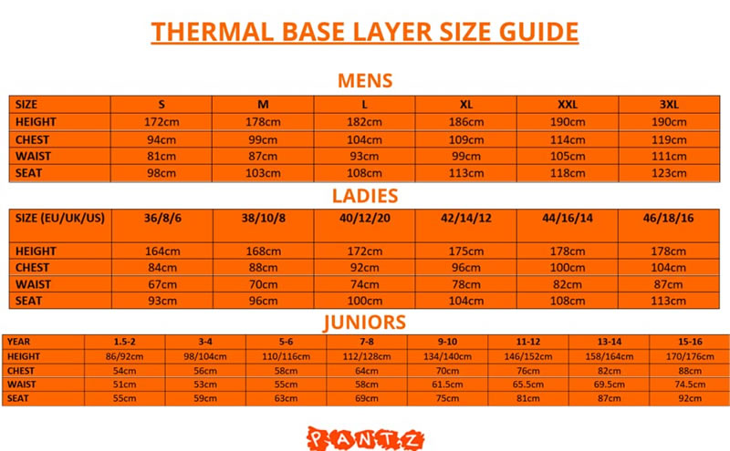 Pantz Sizing Guide - Mens, Ladies and Juniors