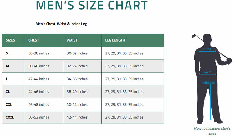 Proquip Men's Size Chart